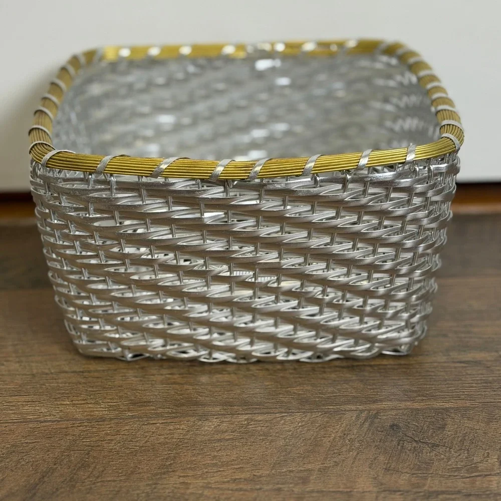Vintage Woven Metal Wire Basket Silver Gold Trim Square Made in India 9.5 x 5 in